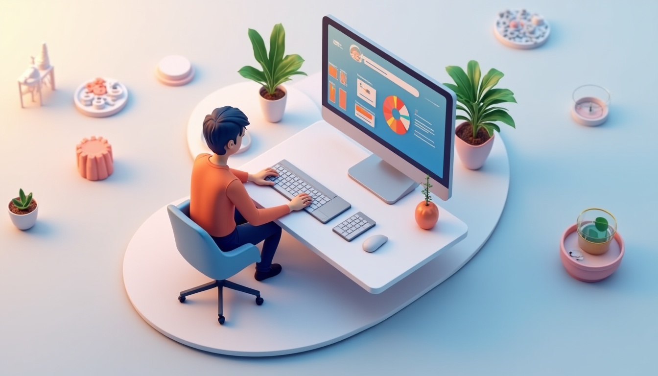 Ilustrație cu un site web modern și profesional, cu o monedă mică, simbolizând crearea unui site cu buget redus