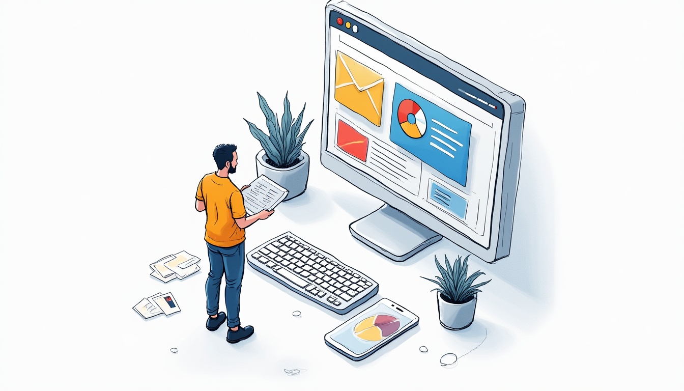 Ilustrație cu un dezvoltator web lucrând la crearea unei pagini web pe un laptop